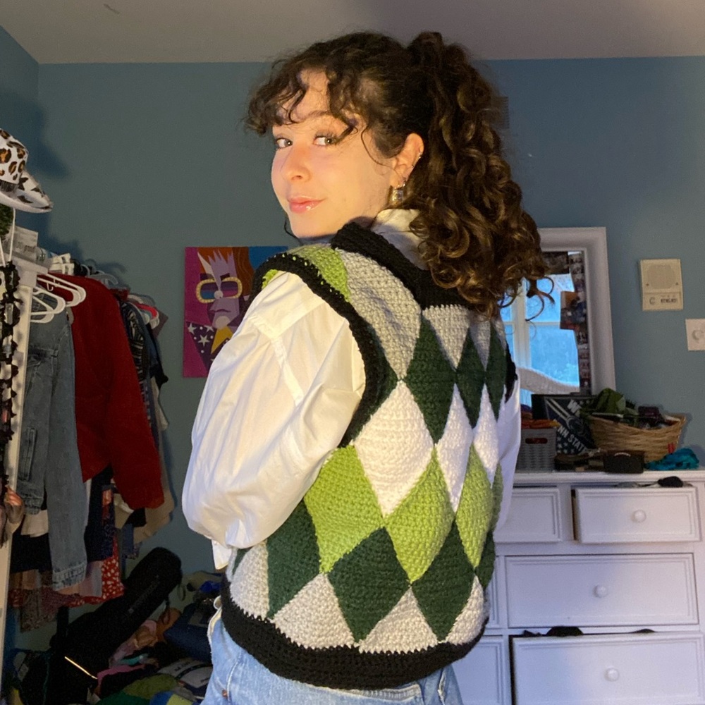 Homemade Crochet Green, Black and White Sweater Vest - Picture 4 of 5
